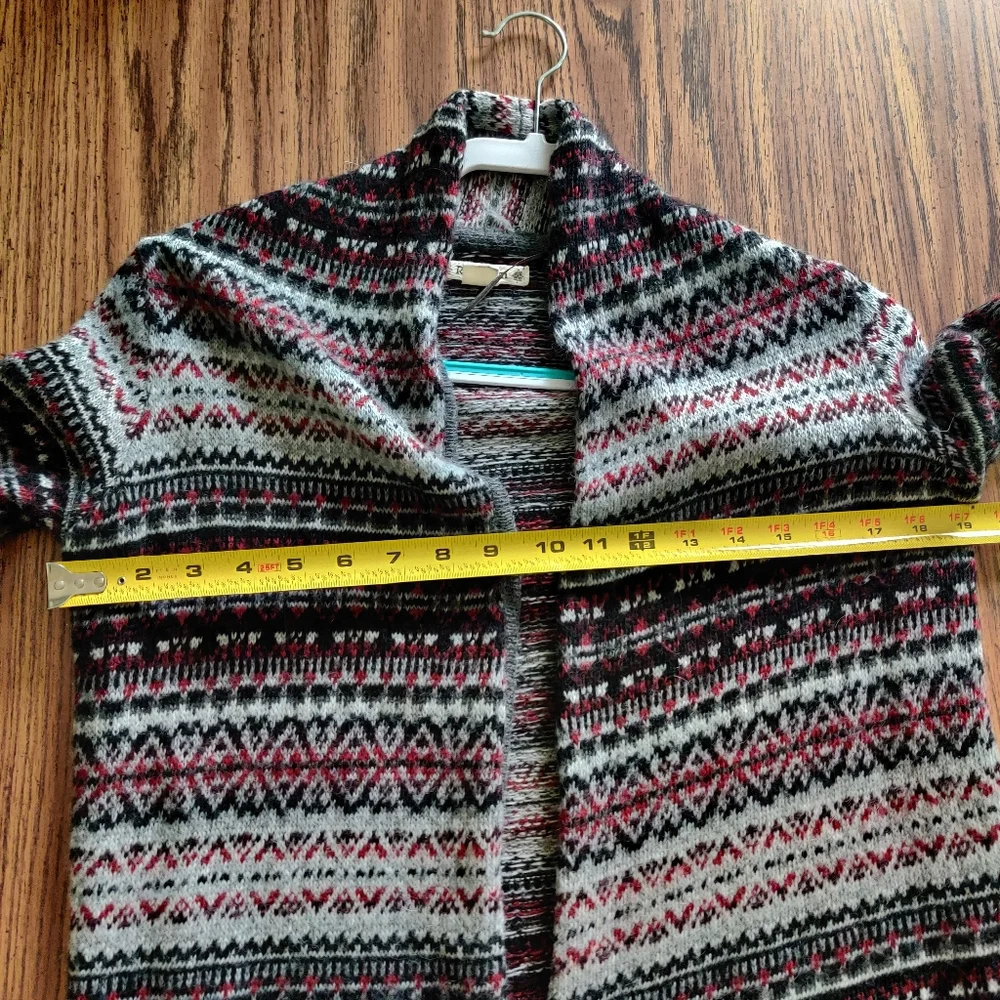 Ruff Hewn Fair Isle Open Wool Blend Petite Alpaca Mohair Fringe Cardigan EUC SP